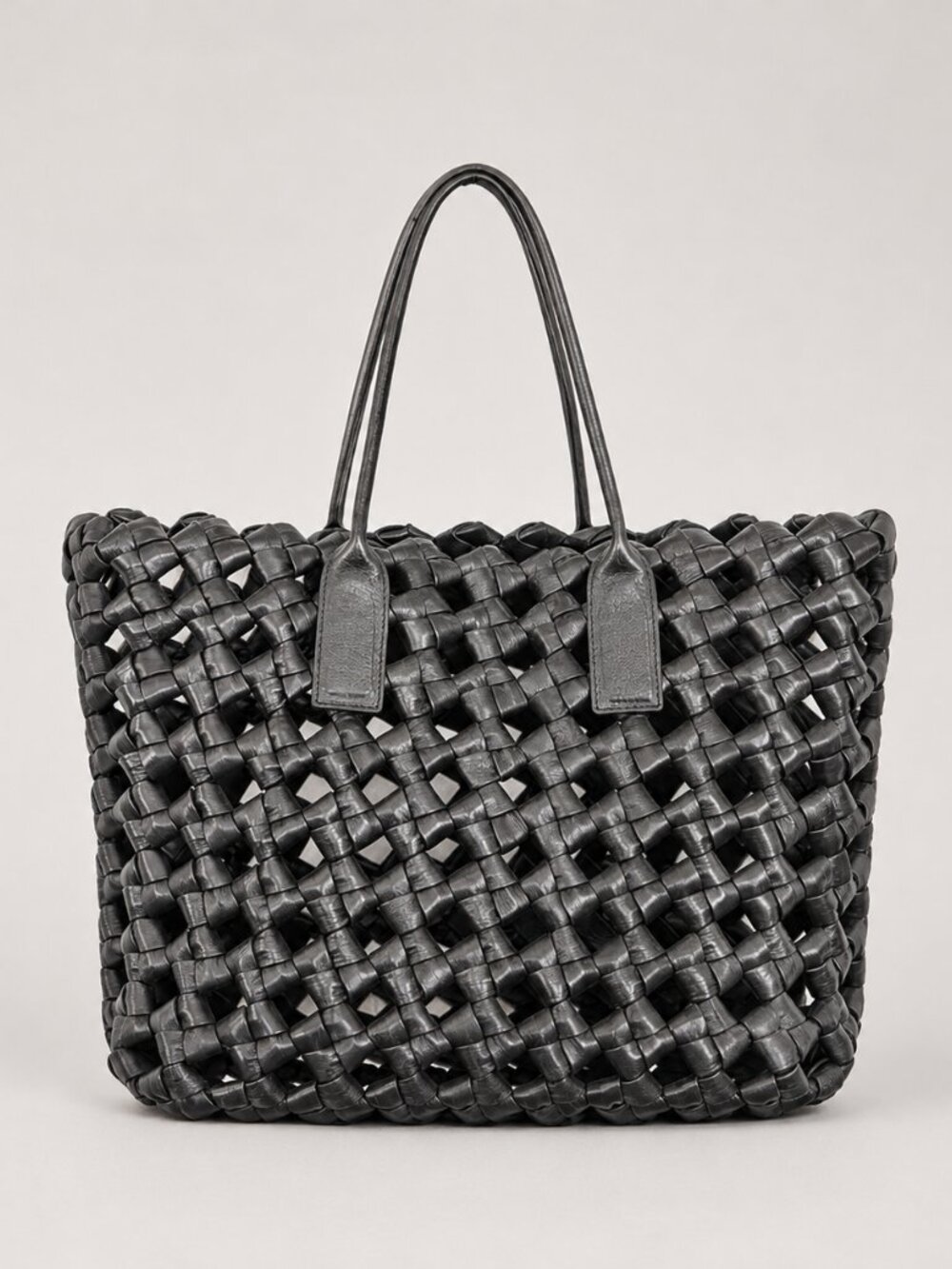 Black Genuine Leather Woven Tote Bag Large Shoulder Handbag Open Top Womens